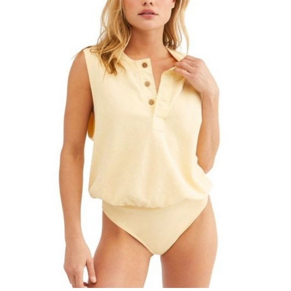 Free People Yellow Waffle Henley Tank Body Suit
